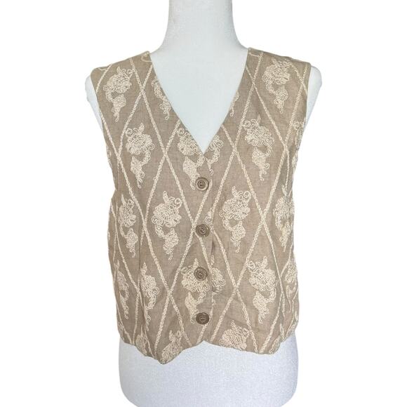 Vintage Express Embroidered Vest M Linen Blend Beige Diamond Floral USA - Picture 3 of 8